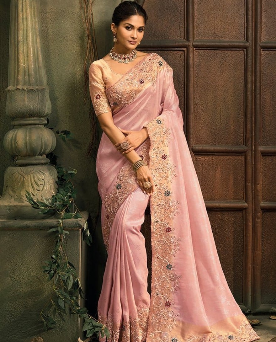 PINK - Rose Pink Handwork Pure Silk Designer Saree